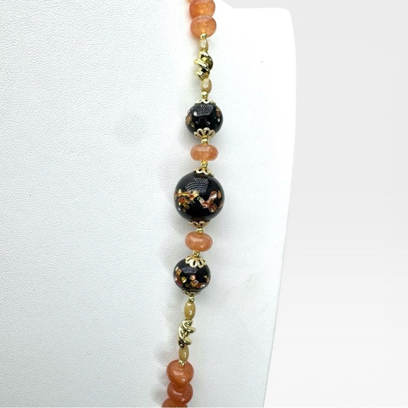 SOLD-ARTISAN Vintage Black Murano Lampwork Glass and Carnelian Gemstone Necklace - Picture 8 of 16